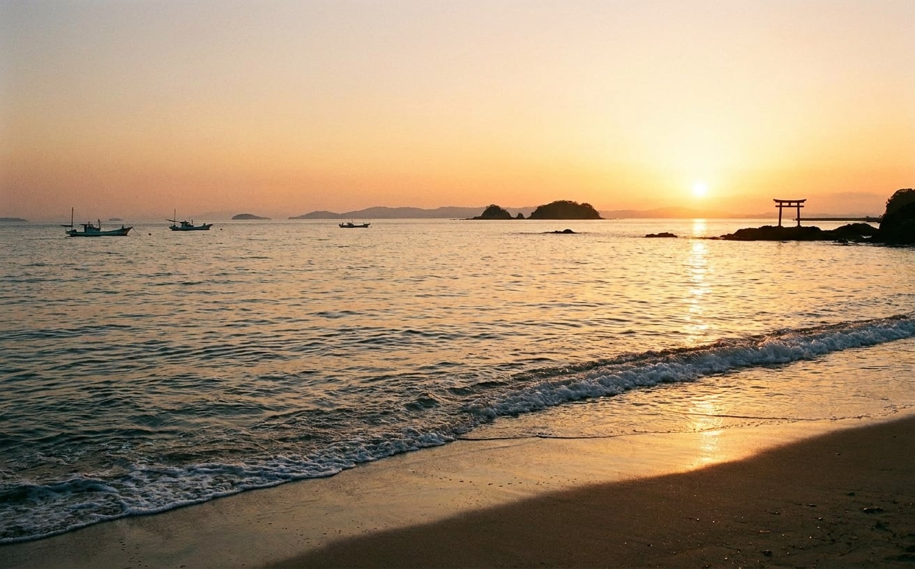 夕日が沈む海で、漁船が静かに浮かび、海の日の穏やかな瞬間を捉えています。