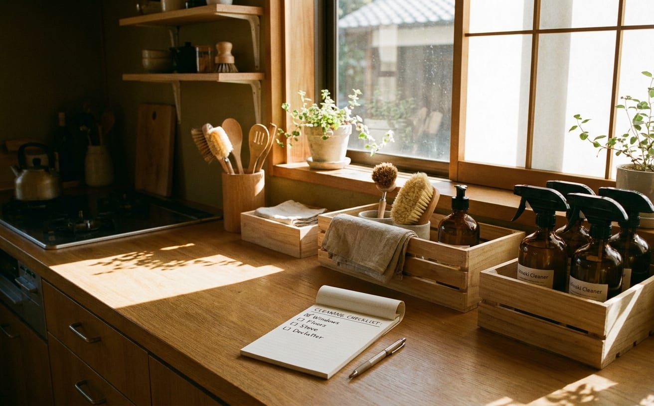 GWに大掃除をするためのキッチン。清掃道具とチェックリストが整頓された風景が広がる。