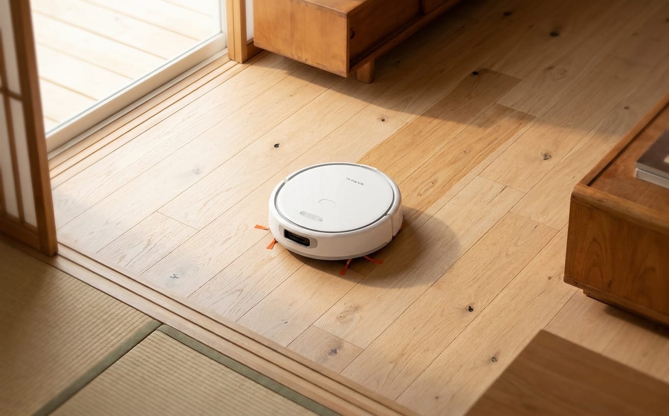 GWに大掃除のため、部屋のフローリングを掃除するロボット掃除機が映っています。