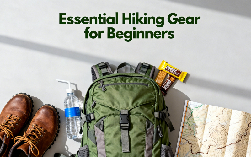 Essential hiking gear for beginners includes a backpack, water, snacks, and a map, perfect for those wondering what is hiking.