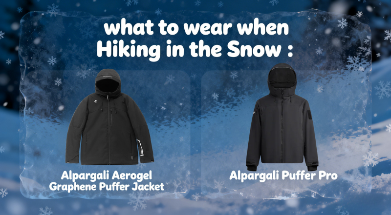 What to wear when hiking in the snow: Alpargali Aerogel Graphene Puffer Jacket and Alpargali Puffer Pro.