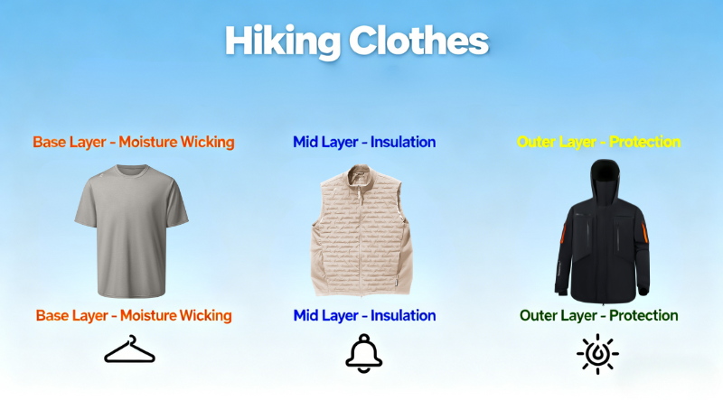 Hiking clothes include base, mid, and outer layers to ensure comfort, insulation, and protection during outdoor adventures.