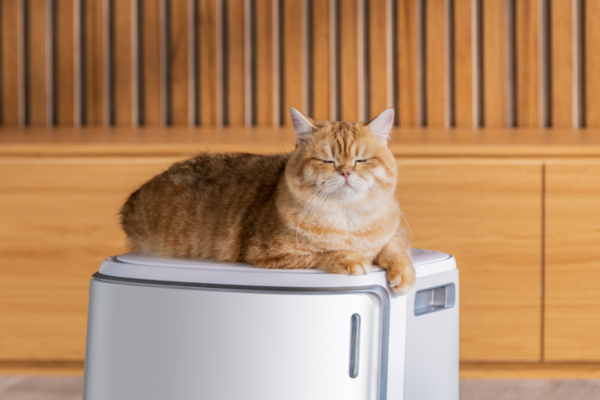 A relaxed cat sits on a robotic device, illustrating the convenience of the best robot vacuum to avoid pet waste.