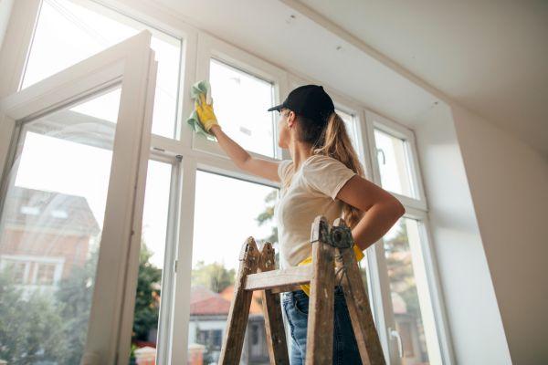 A woman cleans a window with a cloth while standing on a ladder, part of her home cleaning checklist routine.