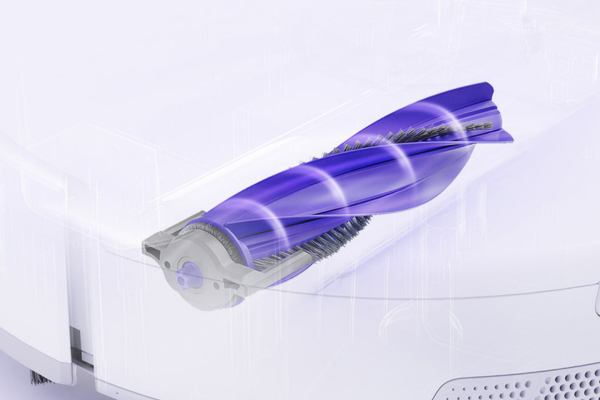 A close-up view of a vacuum's beater bar, showcasing its design and bristles for effective cleaning.