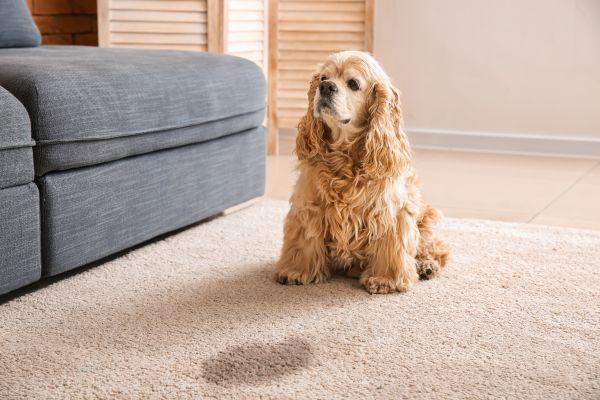 A furry dog sits next to a couch, looking at a stain on the carpet, highlighting what is spot cleaning for pet owners.