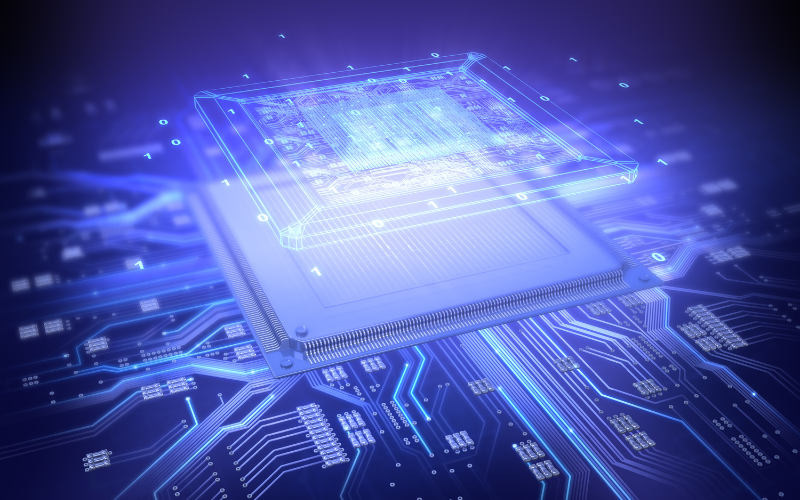 A futuristic microchip depicted against a digital circuit backdrop, illustrating technology comparisons like Mediatek vs Snapdragon.