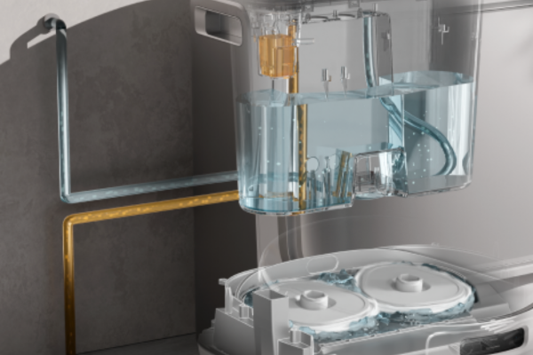 A detailed view of a modern cleaning device, showcasing the best mopping solution with water tanks and tubing.