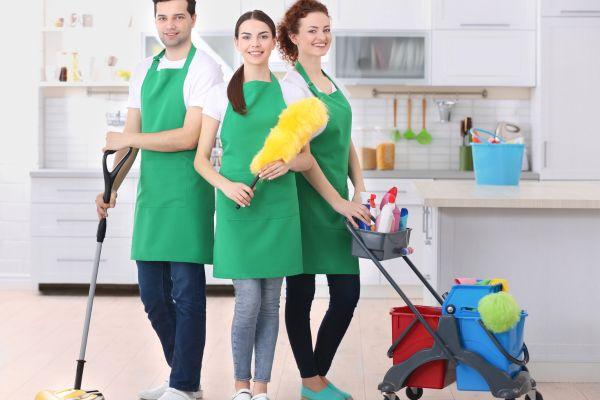 A team of professional cleaners in green aprons, ready for vacation home cleaning with various cleaning tools and supplies.