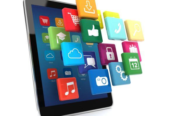 Colorful app icons floating above a tablet, showcasing features helpful for vacation home cleaning and organization.