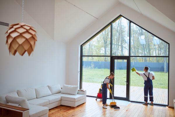 Two individuals are engaged in vacation home cleaning, tidying the spacious living area with large windows and natural light.