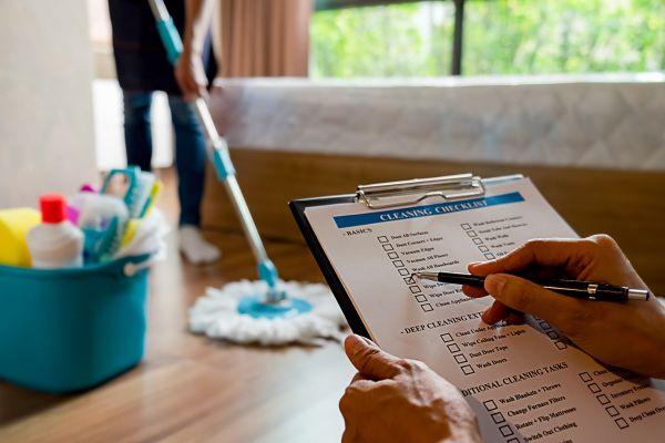 A person checking off tasks on a checklist while cleaning a vacation home, highlighting essential cleaning procedures.