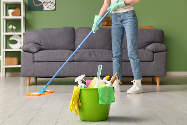 A person mops the floor, demonstrating how to mop effectively, with a green bucket of cleaning supplies nearby.