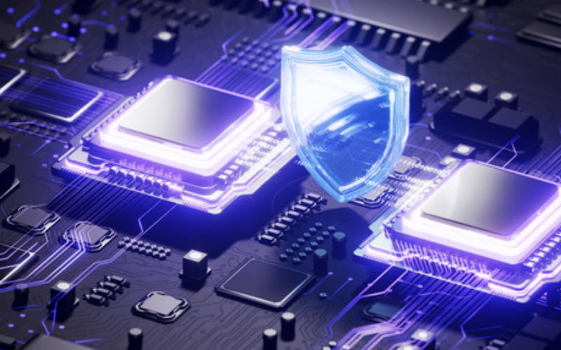 A digital circuit board with glowing components and a protective shield symbol, highlighting secure storage devices.