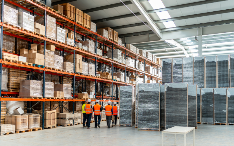 A spacious warehouse filled with neatly stacked boxes and storage devices, with workers inspecting the organized shelves.