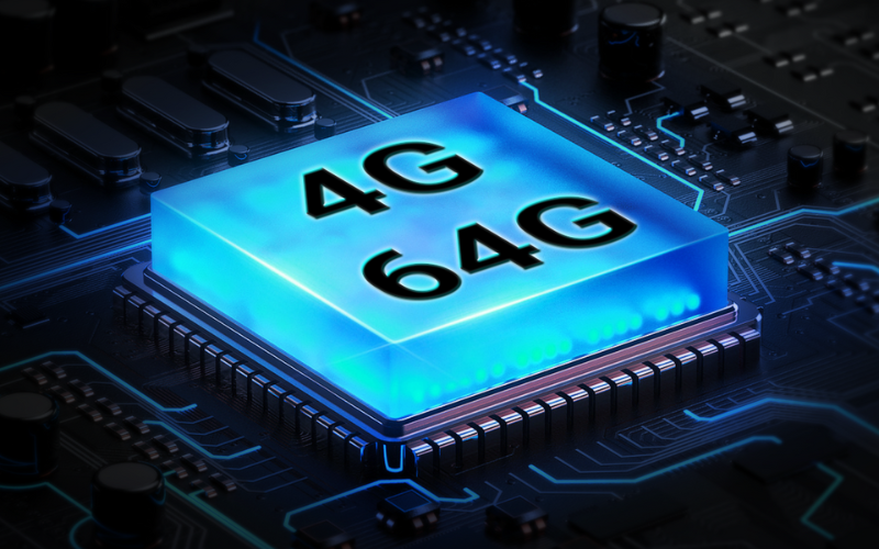 A glowing storage device chip displaying 4G and 64G on a dark circuit board background.