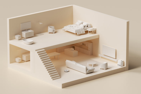 A minimalistic house layout featuring furniture and a robot vacuum, ideal for understanding the best budget robot vacuum with mapping.