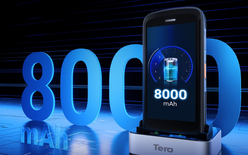 A smartphone displaying 8000 mAh battery capacity on a charging cradle, highlighting powerful charging capabilities.