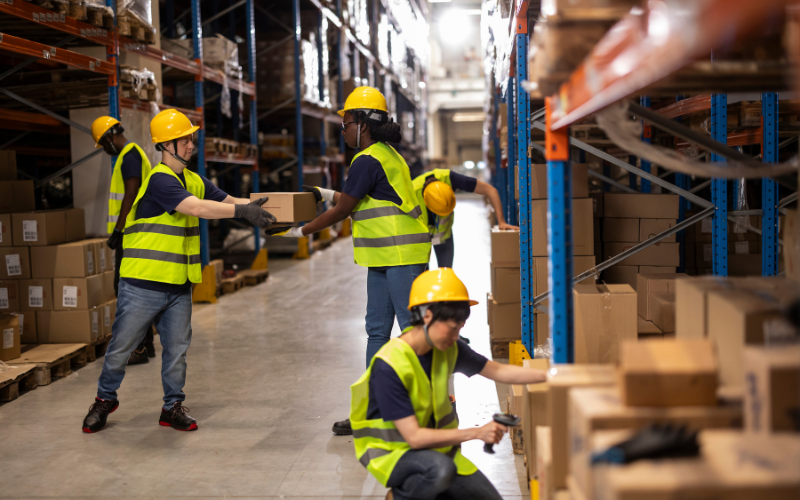 Warehouse workers in safety vests and helmets handle boxes efficiently, preparing items for shipping, including a charging cradle.