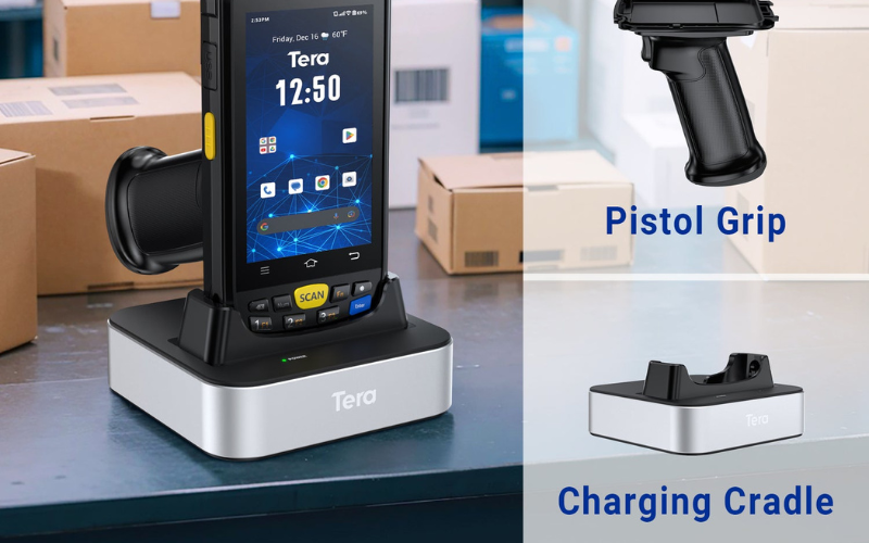 A mobile device in a charging cradle, featuring a pistol grip attachment and displaying the Tera logo, set in a storage area.