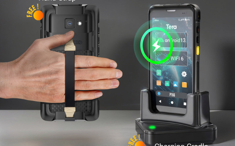 A hand is about to place a phone into a charging cradle, showcasing the device's features and sleek design.