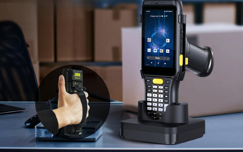 A handheld device placed in a charging cradle, ready for use in inventory management and scanning tasks.
