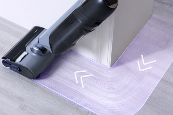 A sleek vacuum cleaner designed for corners, showcasing the best anti hair wrap vacuum feature with soft lighting effects.