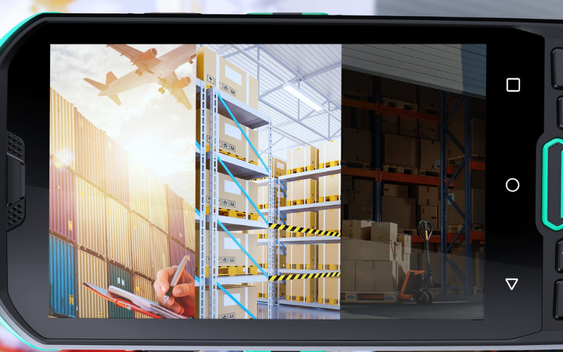 Un primer plano de un escáner de código de barras que muestra la logística del almacén, mostrando una gestión de inventario eficiente y una alta resolución del escáner de código de barras.