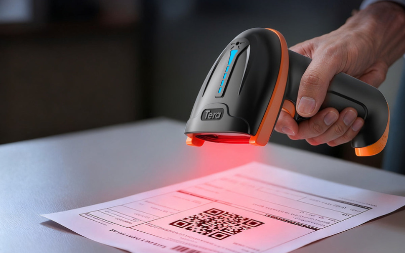 Un escáner de código de barras en uso, que muestra un escaneo de alta resolución de un documento con un código QR.