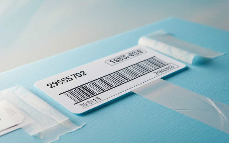 Un primer plano de una etiqueta de código de barras en un paquete azul, que resalta la resolución del escáner de código de barras para un escaneo claro.