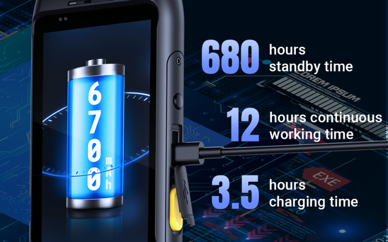 Powerful smartphone with removable battery featuring a 6700 mAh capacity, offering 680 hours standby and 12 hours usage.
