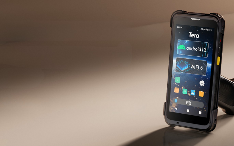 A rugged smartphone displaying Android 13 features, equipped with a removable battery for enhanced usability.