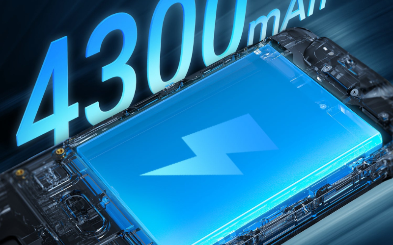 This image showcases a 4300mAh removable battery, highlighting its sleek design and efficient power capabilities.