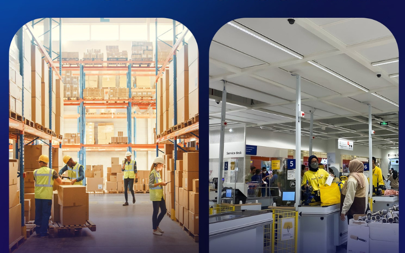 Warehouse setting with workers organizing boxes and a retail area with customers interacting, highlighting capacitive vs resistive touchscreen differences.