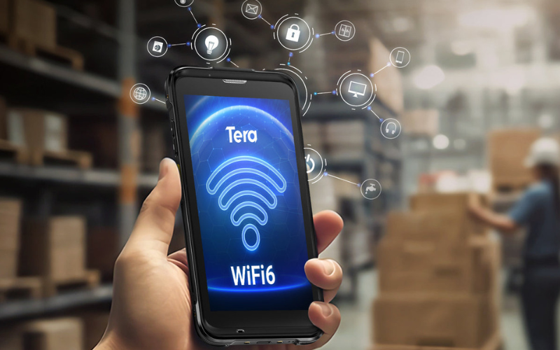 A hand holds a rugged device displaying WiFi 6 connectivity, enhancing barcode scanner speed in a warehouse setting.