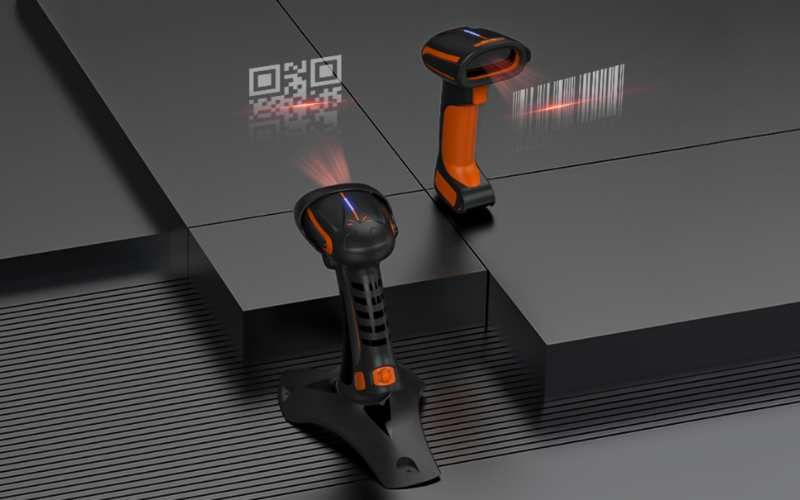 Two barcode scanners on a surface, demonstrating their speed and efficiency in scanning barcodes and QR codes.