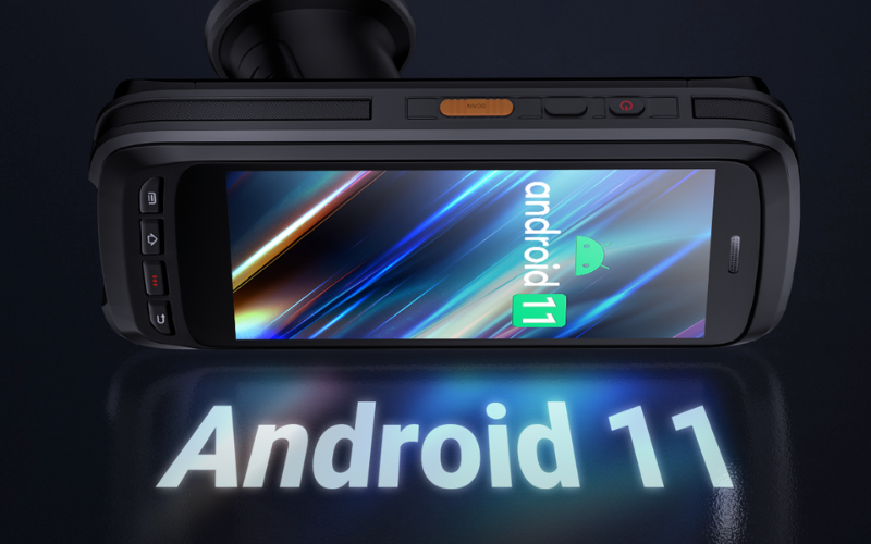 A sleek barcode scanner showcasing its advanced features and impressive speed, running on the latest Android 11 system.