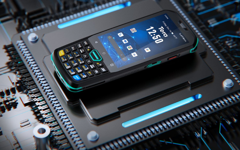 A rugged mobile device positioned on a circuit board, showcasing its barcode scanner speed and advanced features.