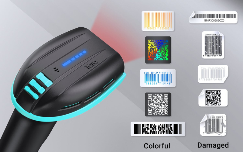 A sleek barcode scanner showcasing its speed with multiple barcodes, including colorful and damaged examples, in view.