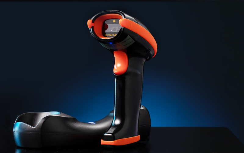 A sleek barcode scanner with orange accents, designed for precise scanner exposure and efficient scanning tasks.