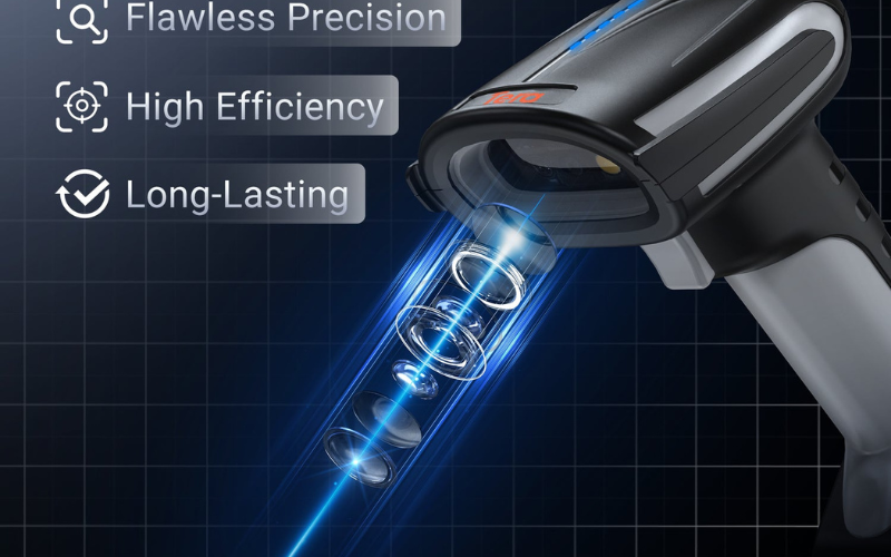 A barcode scanner showcasing features like flawless precision, high efficiency, and long-lasting performance in a modern design.