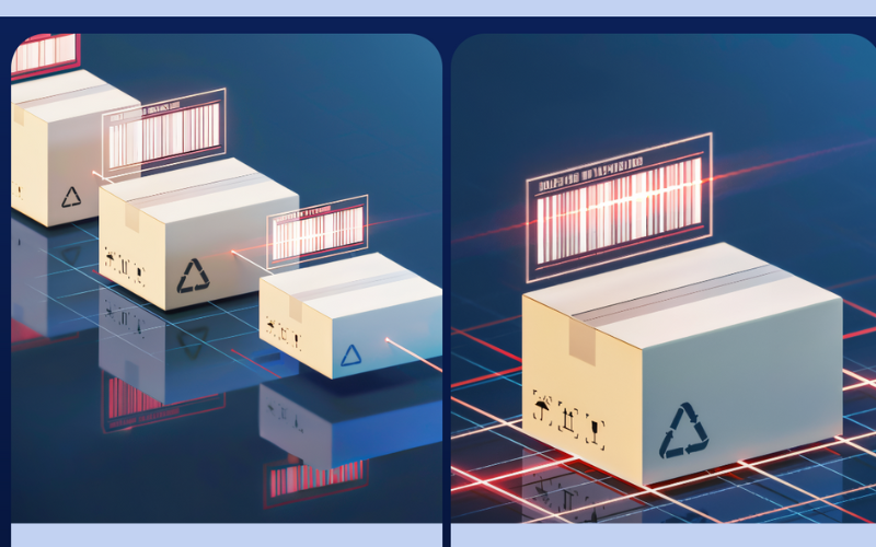 Boxes with barcodes are scanned, highlighting scanner exposure and modern inventory management systems.