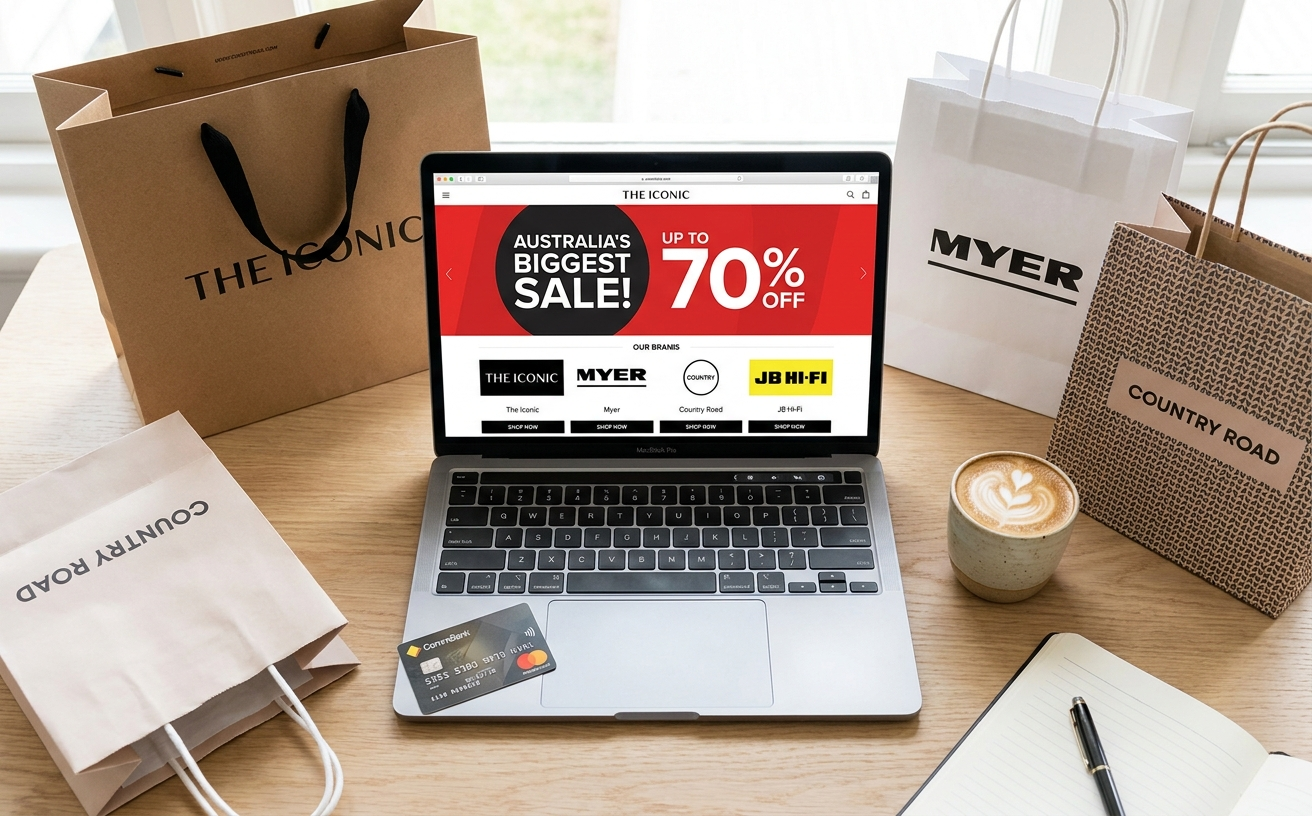A laptop displays a sale on The Iconic website amidst shopping bags, hinting at Click Frenzy Mayhem 2026: What to Buy (and What to Skip).