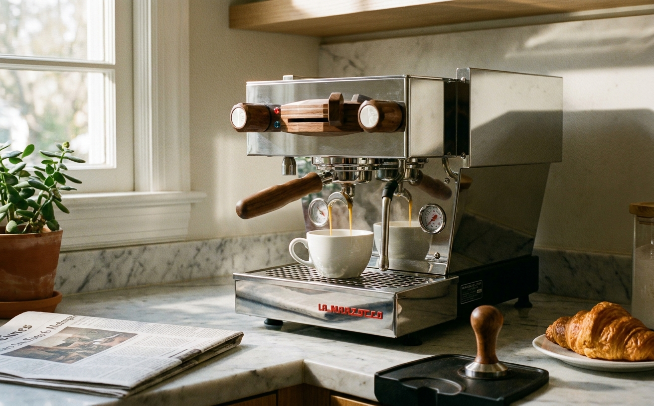 A sleek espresso machine brews coffee in a bright kitchen, perfect for Click Frenzy Mayhem 2026: What to Buy (and What to Skip).