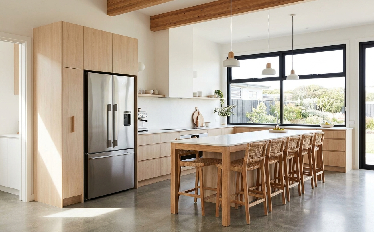 A modern kitchen featuring a sleek refrigerator, wooden cabinetry, and a spacious island, perfect for Click Frenzy Mayhem 2026: What to Buy.