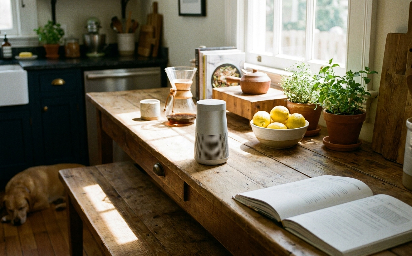 A cozy kitchen scene with a rustic table, showcasing a speaker, fresh lemons, and cookbooks, ideal for Mother's Day gifts in Australia 2026.