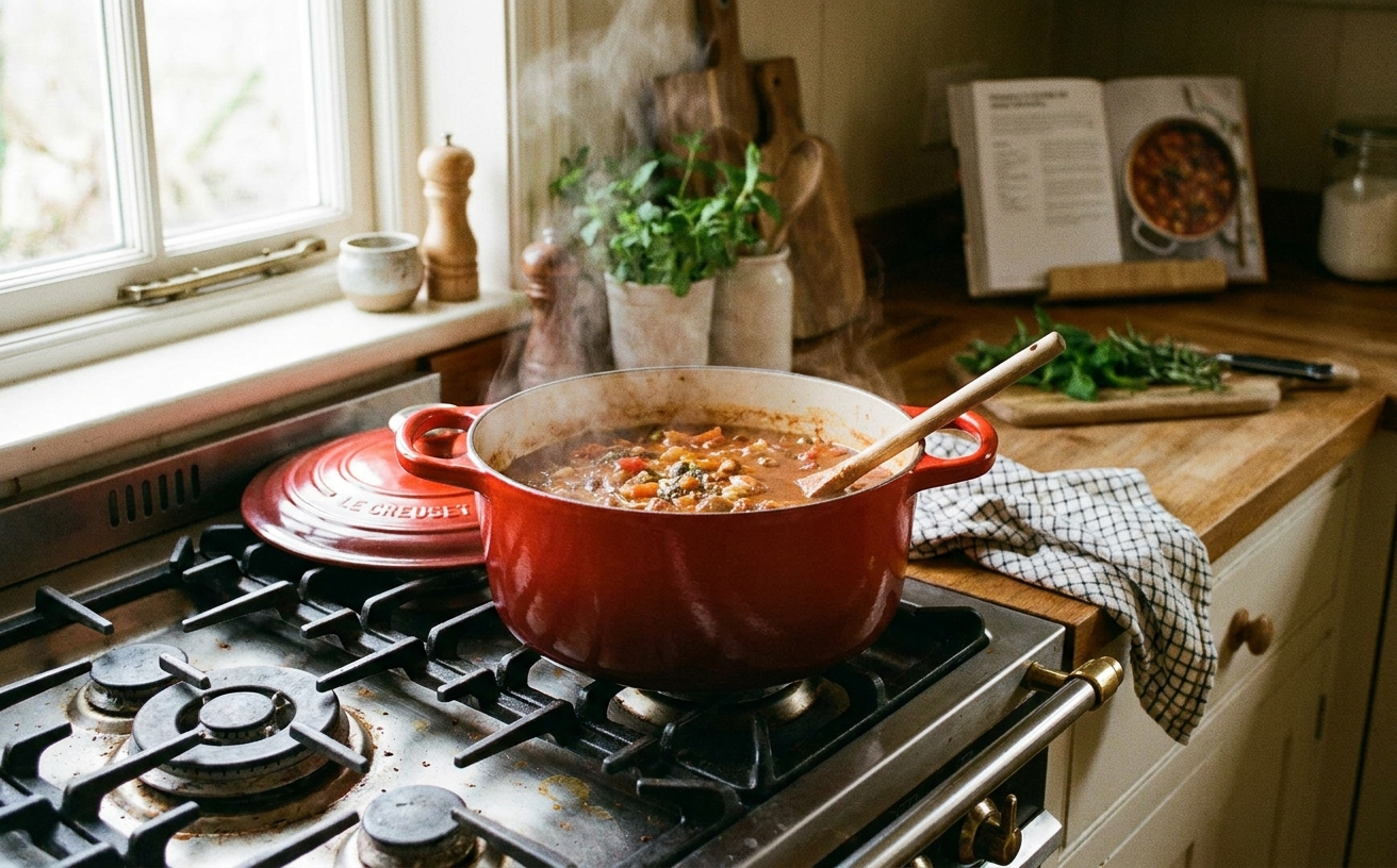 A red pot with steaming stew on a gas stove in a cozy kitchen, perfect for unique Mother's Day gifts in Australia 2026.