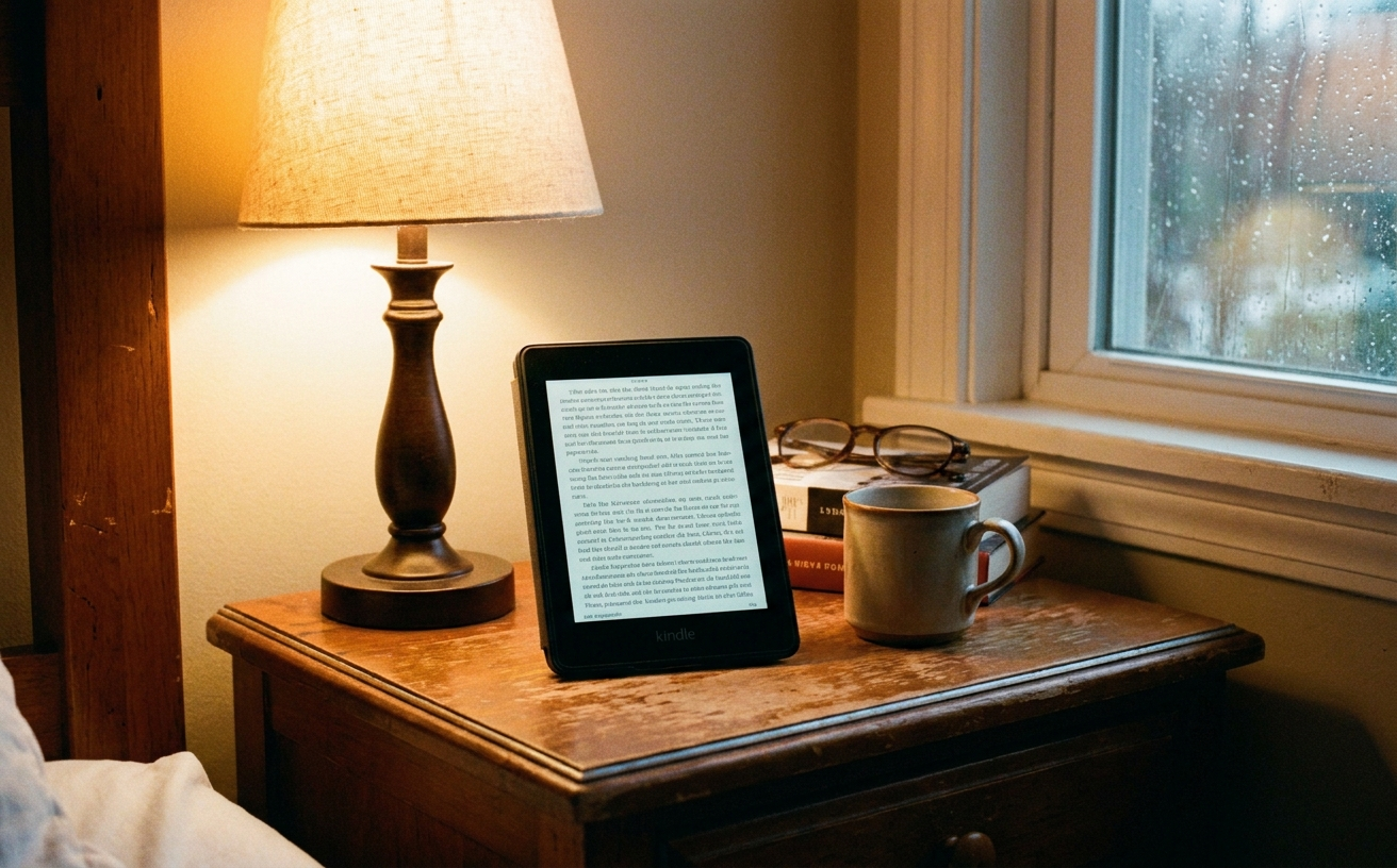 A cozy bedside table with a Kindle, a mug, and glasses, perfect for enjoying the best Mother's Day gifts in Australia 2026.