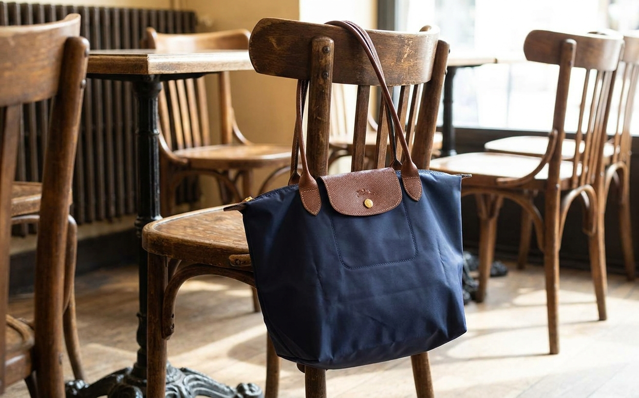 A stylish navy tote bag rests on a wooden chair, perfect for considering the best Mother's Day gifts in Australia 2026.