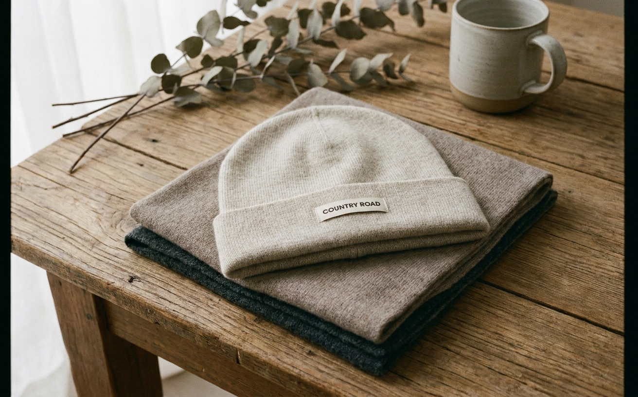 Stylish beanies and cozy knits on a rustic wooden table, perfect ideas for the best Mother's Day gifts in Australia 2026.